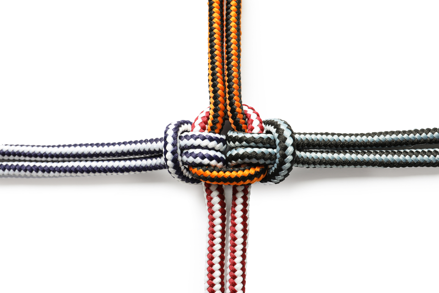 Colorful Ropes Tied Together On White Background. Unity Concept