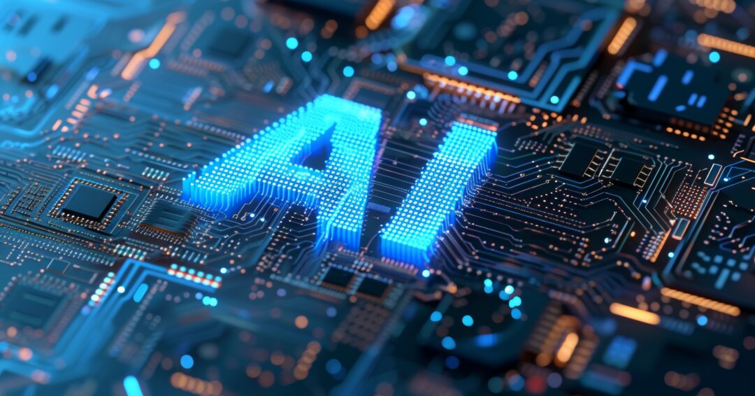 motherboard with ai written on it. Concept AI (Artificial Intelligence) technology, chip IC on PCB, PCB circuit board, microprocessor.