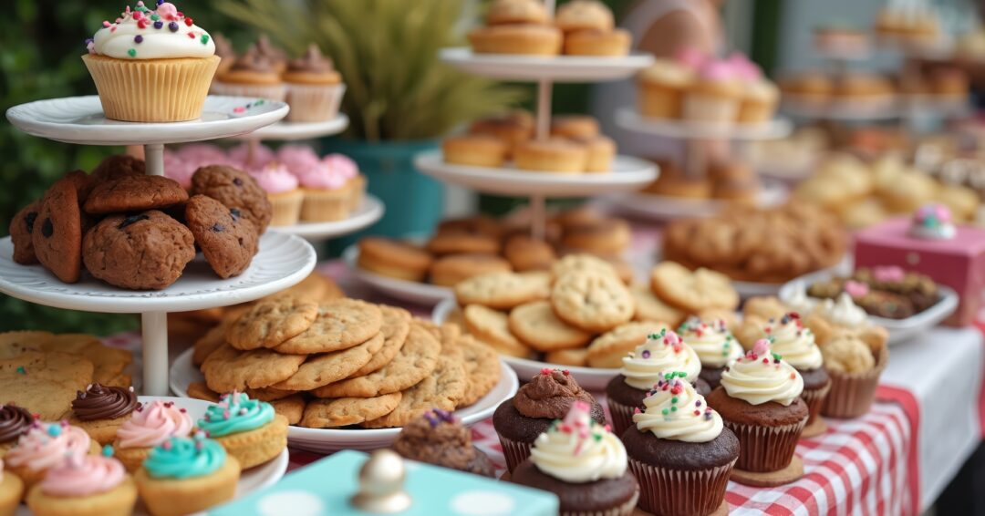 Various freshly baked goods displayed on table for charity bake sale. Cupcakes, cookies, pies assortment. Treats decorated with frosting, sprinkles. Homemade baking for fundraising event, tasty snack.
