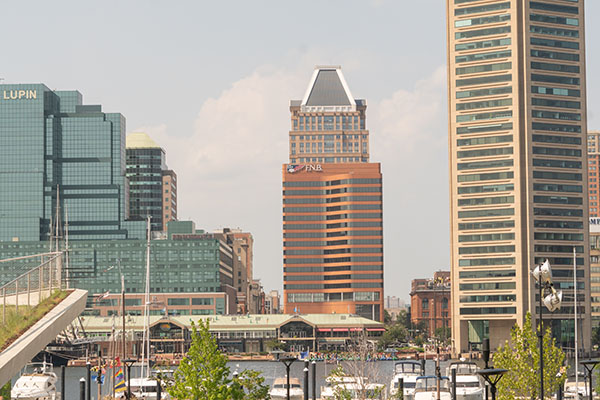 Baltimore, Maryland, US – July 26, 2023: Prominent buildings wit