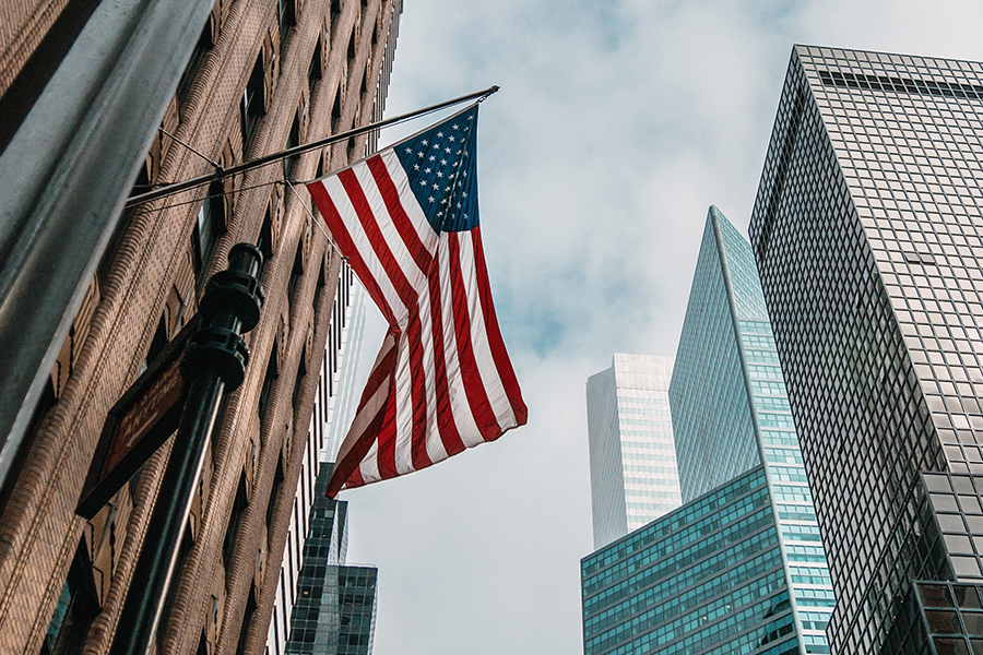 NYC buildings with USA flag