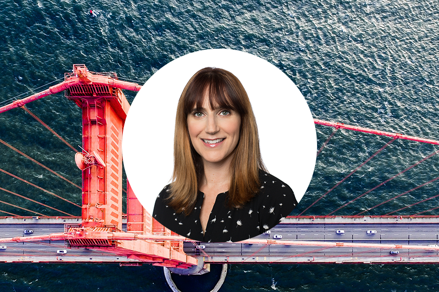 Tali-Alban over an aerial Golden Gate Bridge and water background
