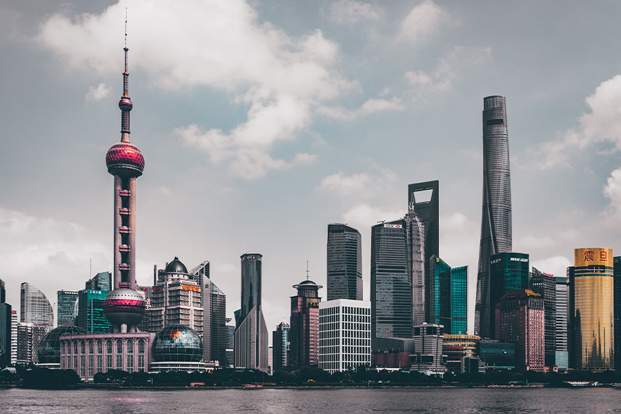Beijing city skyline in muted blue-gray tones