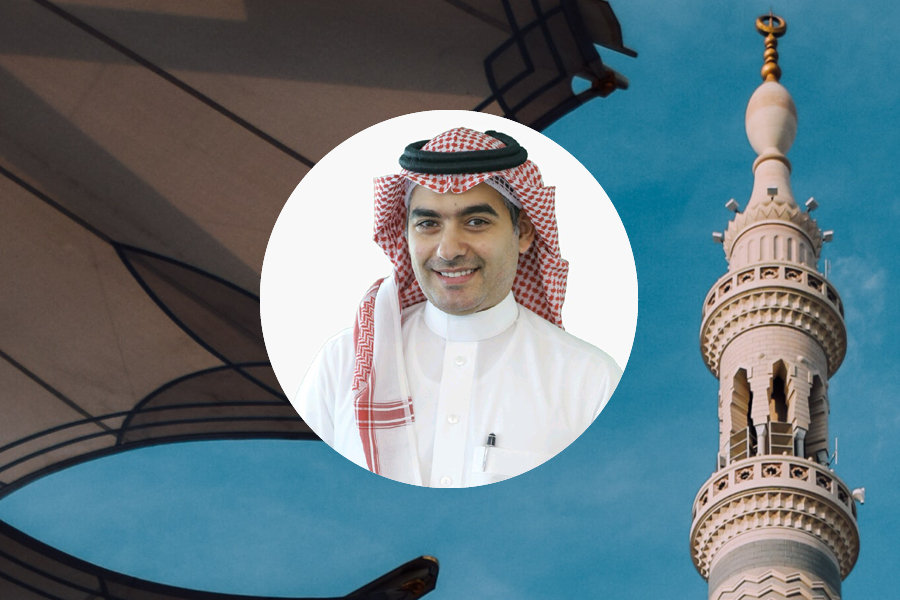 headshot over blue sky and umbrella in Saudi Arabia