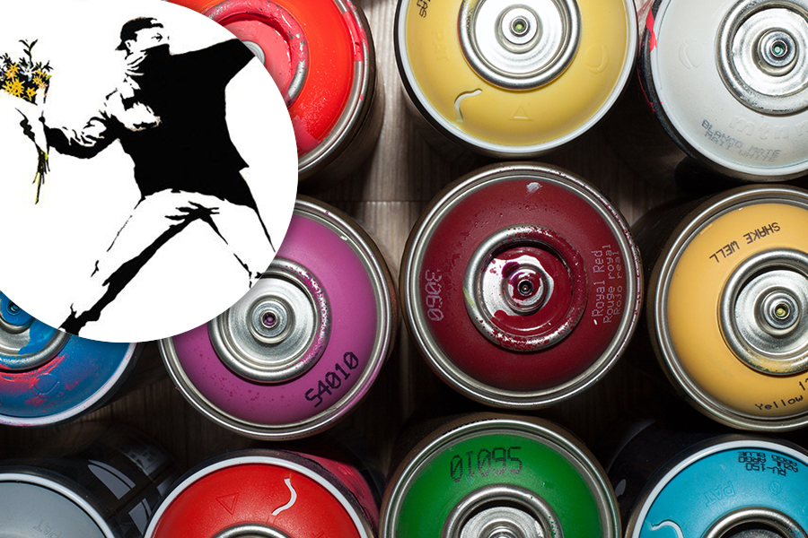 Banksy the Flower Thrower and paint cans